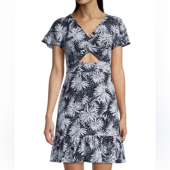 Michael Kors Mini Palm Print Keyhole Ruffled Lightweight Summer Dress Size 8 - Picture 3 of 9